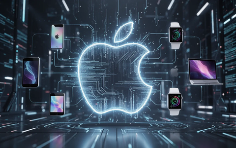 A stylized Apple logo made of glowing digital lines, surrounded by interconnected icons for iPhone, iPad, Apple Watch, and Mac. - Foto: über boerse-global.de