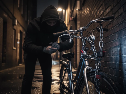 Ein Schattenriss versucht nachts in einer städtischen Gasse einen Roller oder ein Fahrrad zu stehlen, mit Fokus auf Sicherheitsschlösser. - Foto: über boerse-global.de