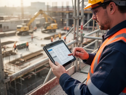 Ein Bauarbeiter in Schutzausrüstung überprüft eine digitale Tablette auf einem Baugerüst, mit verschwommenem Baugeschehen im Hintergrund. - Foto: über boerse-global.de
