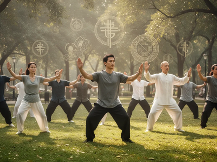 Eine Gruppe von Menschen praktiziert Tai Chi in einem ruhigen Park mit angedeuteten Symbolen der Traditionellen Chinesischen Medizin. - Foto: über boerse-global.de