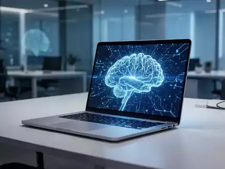 Ein moderner Laptop mit einem leuchtenden Bildschirm, der KI-Grafiken anzeigt, auf einem minimalistischen Schreibtisch. - Foto: über boerse-global.de
