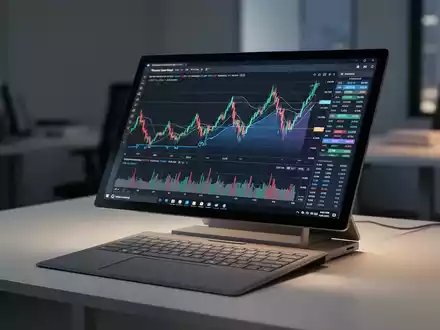 A Microsoft Surface Studio 2 laptop displaying a financial chart, representing a discount and price reduction in the computing sector. - Foto: über boerse-global.de