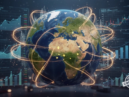 Eine stilisierte Weltkugel mit hervorgehobener EU-Karte, umgeben von Linien, die CO2-Emissionen und Handelsrouten darstellen, sowie digitale Daten. - Foto: über boerse-global.de