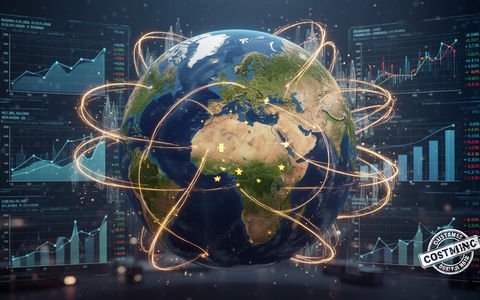 Eine stilisierte Weltkugel mit hervorgehobener EU-Karte, umgeben von Linien, die CO2-Emissionen und Handelsrouten darstellen, sowie digitale Daten. - Foto: über boerse-global.de