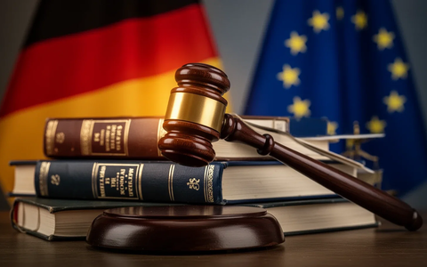 Ein Nahaufnahme eines Holzhammers auf einem Stapel Gesetzbücher mit verschwommenen deutschen und EU-Flaggen im Hintergrund. - Foto: über boerse-global.de