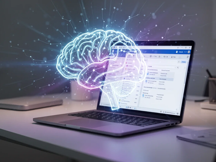 Ein stilisiertes, leuchtendes KI-Symbol über einem modernen Schreibtisch mit Laptop, der eine Outlook-Oberfläche zeigt, symbolisiert die Integration von KI in die Arbeitswelt. - Foto: über boerse-global.de