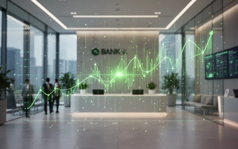 Eine stilisierte, leuchtend grüne Datenvisualisierung überlagert ein modernes Bankinterieur, das Nachhaltigkeitsberichterstattung und Regulierung darstellt. - Foto: über boerse-global.de
