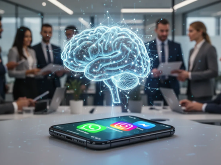 A glowing AI brain icon over a smartphone screen showing Meta messaging apps, symbolizing AI agents automating business operations. - Foto: über boerse-global.de