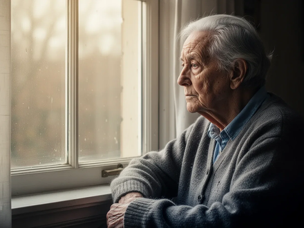 Ältere Person sitzt allein am Fenster, blickt nachdenklich hinaus. Weiches Tageslicht beleuchtet ihr Gesicht. - Foto: über boerse-global.de