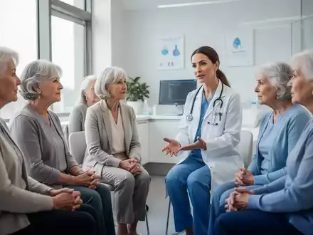 Eine Gruppe älterer Frauen im Gespräch mit einer Ärztin in einer hellen Arztpraxis, die Prävention und Gesundheitsvorsorge symbolisiert. - Foto: über boerse-global.de