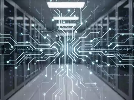 A glowing neural network pattern with abstract code lines, symbolizing AI development and open-source collaboration, over a blurred data center. - Foto: über boerse-global.de