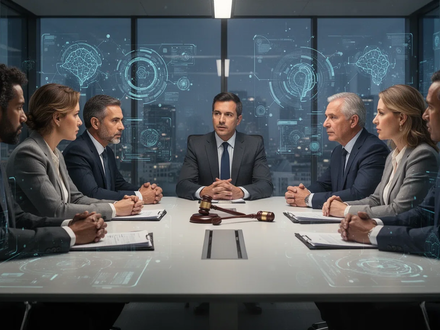 Eine Gruppe von Fachleuten diskutiert um einen Konferenztisch, umgeben von digitalen Elementen, die künstliche Intelligenz und Technologie symbolisieren. - Foto: über boerse-global.de