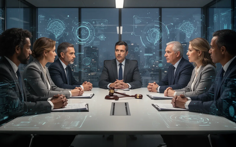 Eine Gruppe von Fachleuten diskutiert um einen Konferenztisch, umgeben von digitalen Elementen, die künstliche Intelligenz und Technologie symbolisieren. - Foto: über boerse-global.de