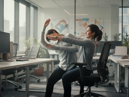 Eine Person macht eine leichte Dehnübung am Schreibtisch in einem modernen Büro, um Verspannungen zu lösen. - Foto: über boerse-global.de