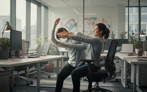 Eine Person macht eine leichte Dehnübung am Schreibtisch in einem modernen Büro, um Verspannungen zu lösen. - Foto: über boerse-global.de