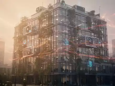 Ein modernes Bürogebäude, über dem Hitze flimmert, mit angedeuteten Kühllösungen und grüner Infrastruktur. Es symbolisiert Hitzeschutz am Arbeitsplatz. - Foto: über boerse-global.de