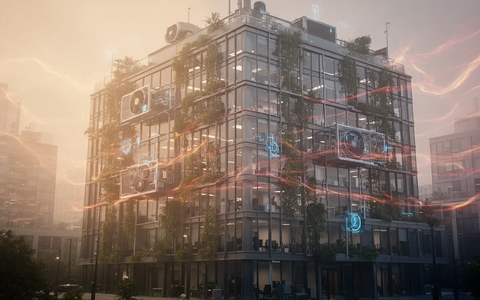 Ein modernes Bürogebäude, über dem Hitze flimmert, mit angedeuteten Kühllösungen und grüner Infrastruktur. Es symbolisiert Hitzeschutz am Arbeitsplatz. - Foto: über boerse-global.de