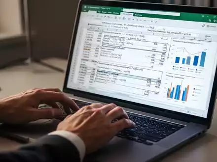 Close-up of hands typing on a laptop, displaying an Excel spreadsheet with formulas and data on screen. - Foto: über boerse-global.de