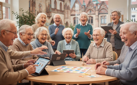 Senioren in Leipzig nehmen an einem Gedächtnistraining teil, lachen und nutzen Tablets in einem hellen Gemeindezentrum. - Foto: über boerse-global.de