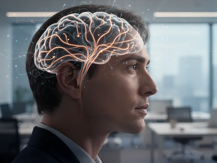 Ein Profilkopf mit subtilen leuchtenden Linien, die neuronale Bahnen im Gehirn darstellen, vor einem ruhigen Bürohintergrund. - Foto: über boerse-global.de