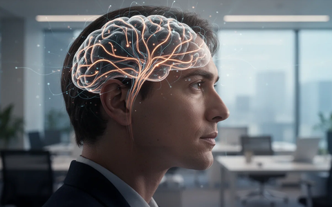 Ein Profilkopf mit subtilen leuchtenden Linien, die neuronale Bahnen im Gehirn darstellen, vor einem ruhigen Bürohintergrund. - Foto: über boerse-global.de