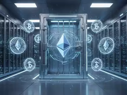 Ein futuristischer digitaler Tresorraum mit schwebenden Ethereum-Symbolen und blauer Beleuchtung, der die sichere Aufbewahrung von Kryptowährungen darstellt. - Foto: über boerse-global.de