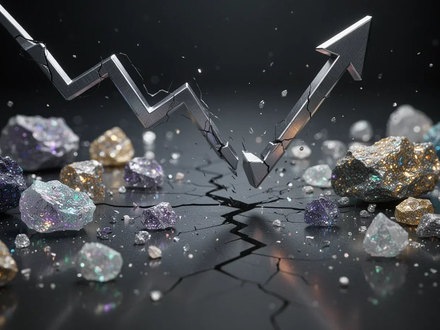 Ein gebrochener Graph und ein fallender Pfeil umgeben von seltenen Erden, die einen starken Absturz nach einem Rekordhoch symbolisieren. - Foto: über boerse-global.de