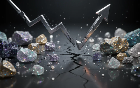 Ein gebrochener Graph und ein fallender Pfeil umgeben von seltenen Erden, die einen starken Absturz nach einem Rekordhoch symbolisieren. - Foto: über boerse-global.de