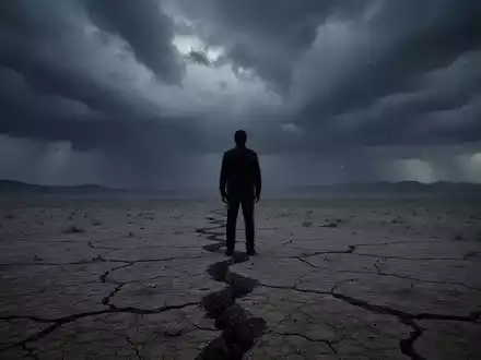 Eine einzelne, silhouettierte Figur steht auf einer trostlosen, rissigen Wüstenlandschaft unter einem stürmischen Himmel. - Foto: über boerse-global.de