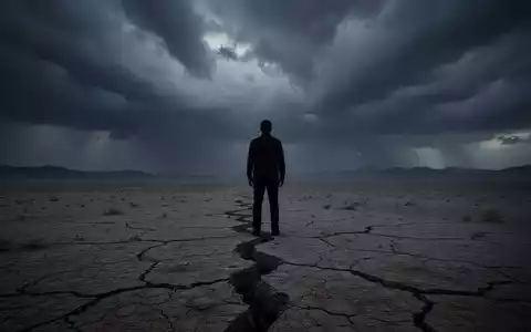 Eine einzelne, silhouettierte Figur steht auf einer trostlosen, rissigen Wüstenlandschaft unter einem stürmischen Himmel. - Foto: über boerse-global.de