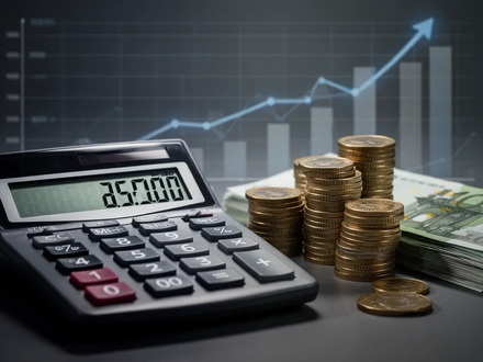 Ein Taschenrechner zeigt steigende Zahlen, daneben Stapel von Euro-Münzen und -Scheinen. Im Hintergrund eine aufsteigende Grafik. - Foto: über boerse-global.de