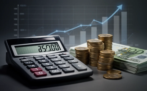 Ein Taschenrechner zeigt steigende Zahlen, daneben Stapel von Euro-Münzen und -Scheinen. Im Hintergrund eine aufsteigende Grafik. - Foto: über boerse-global.de