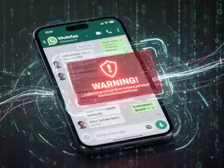A smartphone screen displaying a WhatsApp chat with a warning notification about a potential scam message, surrounded by abstract digital security graphics. - Foto: über boerse-global.de