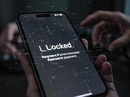 Close-up of a smartphone screen displaying a locked message and payment demand, with a hand reaching towards it. - Foto: über boerse-global.de
