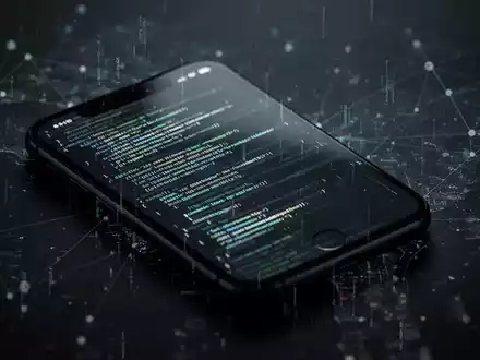 A stylized image of an iPhone screen with glowing code lines, representing a cybersecurity exploit and data vulnerability. - Foto: über boerse-global.de