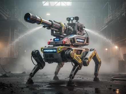Ein schwerer vierbeiniger Feuerlöschroboter mit integrierter Hochdruck-Wasserkanone in einer rauchigen Industrieumgebung. - Foto: über boerse-global.de