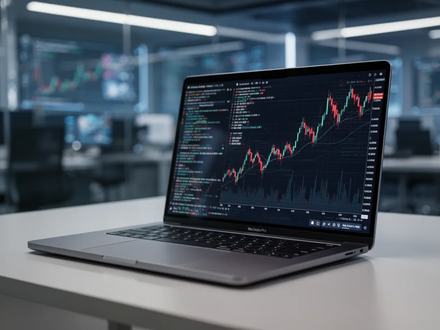 A sleek silver Apple MacBook Pro M5 laptop open on a modern desk, screen showing data, in a high-tech office setting. - Foto: über boerse-global.de