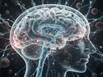 Ein stilisiertes, leuchtendes neuronales Netz über einem transparenten 3D-Modell eines menschlichen Gehirns mit hervorgehobenen Flüssigkeitswegen. - Foto: über boerse-global.de