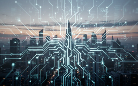 Eine stilisierte, leuchtende neuronale Netzstruktur überlagert eine futuristische Stadtlandschaft bei Sonnenuntergang, die KI-Integration symbolisiert. - Foto: über boerse-global.de