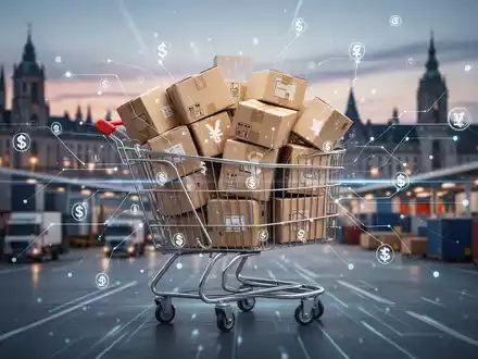 Ein digitaler Einkaufswagen gefüllt mit Paketen, überlagert von Symbolen für Steuern und Datenfluss, vor einem Logistikzentrum. - Foto: über boerse-global.de