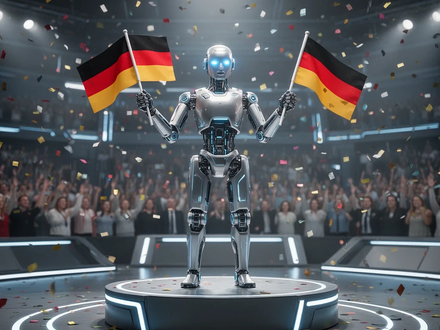 A sleek, advanced humanoid robot with glowing blue eyes holds a miniature German flag on a podium in a futuristic arena. - Foto: über boerse-global.de