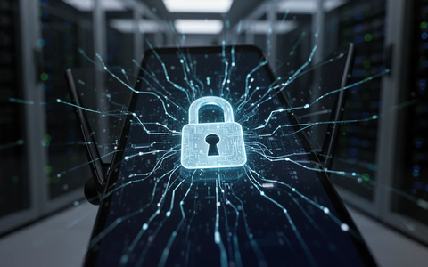 Ein Smartphone-Bildschirm zeigt ein digitales Schloss-Symbol und leuchtende Linien, die einen Cyberangriff auf Android-Geräte andeuten. - Foto: über boerse-global.de