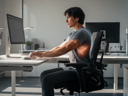 Eine Person sitzt dynamisch an einem ergonomischen Schreibtisch, um die Prävention von Rückenschmerzen zu verdeutlichen. - Foto: über boerse-global.de