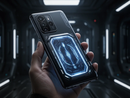A futuristic smartphone with a large, illuminated secondary display on its back, held in a hand in a dark, high-tech setting. - Foto: über boerse-global.de