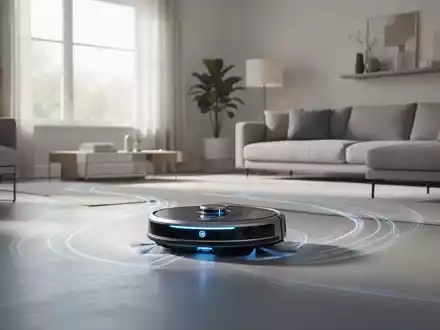 Ein moderner Roboterstaubsauger reinigt ein minimalistisches Wohnzimmer mit ordentlichen Möbeln und viel natürlichem Licht. - Foto: über boerse-global.de