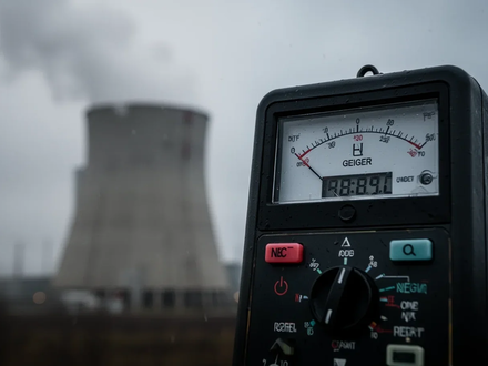 Geigerzähler zeigt negativen Wert vor unscharfem Atomkraftwerk unter grauem Himmel, symbolisiert Rückgang des ETF-Wertes. - Foto: über boerse-global.de