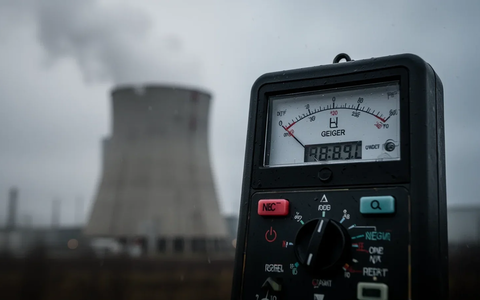 Geigerzähler zeigt negativen Wert vor unscharfem Atomkraftwerk unter grauem Himmel, symbolisiert Rückgang des ETF-Wertes. - Foto: über boerse-global.de