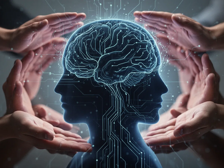 Eine stilisierte menschliche Kopfsilhouette mit neuronalen Netzlinien, umgeben von verschwommenen Händen, die Unterstützung und Kontrolle symbolisieren. - Foto: über boerse-global.de