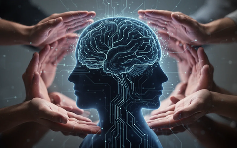 Eine stilisierte menschliche Kopfsilhouette mit neuronalen Netzlinien, umgeben von verschwommenen Händen, die Unterstützung und Kontrolle symbolisieren. - Foto: über boerse-global.de
