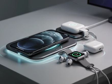 Sleek multi-device wireless charger powering a smartphone, smartwatch, and earbuds on a modern desk. - Foto: über boerse-global.de